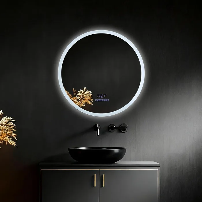 ORA מראה חכמה קוטר 60 ס"מ תאורת LED ב־3 צבעים שעון דיגיטלי, מד טמפרטורה וזוג רמקולים מובנים