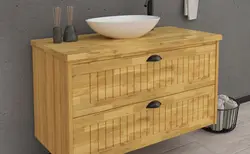 ארון אמבטיה תלוי MONZA בוצ'ר עץ מלא מחורץ + כיור מונח מתנה