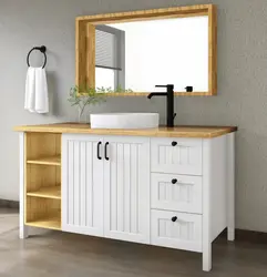 ארון אמבטיה עומד TERMOLO – עיצוב כפרי-מודרני עם משטח בוצ׳ר, מראה וכיור מונח מתנה